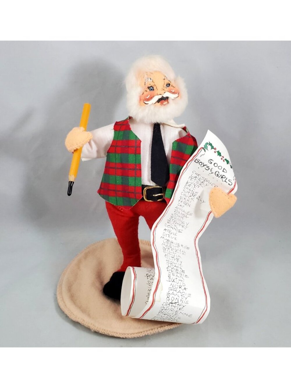Annalee 1998 Santa Checking His List Red Pants Plaid Vest Black Necktie Pencil